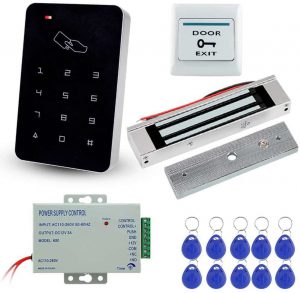 LIBO Stand-Alone Door Access Control System Kit Set with 180kg/350lbs Electric Magnetic Lock, DC12V/3A Power Supply, Door Exit Release Button, 10pcs RFID EM ID Keyfobs